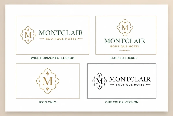 A printed sheet showing four boutique hotel logo versions: wide, stacked, icon only and one colour
