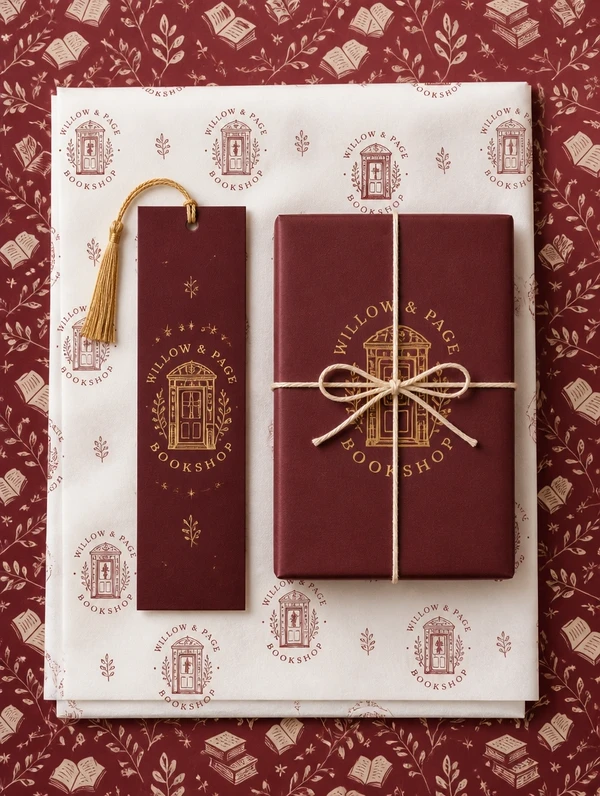 A tall stack of a paper wrap, a bookmark and a gift box carrying one redrawn shop logo