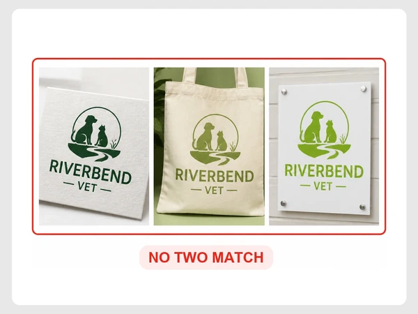 Riverbend Vet shows its logo in three different greens across a business card, tote bag, and sign.