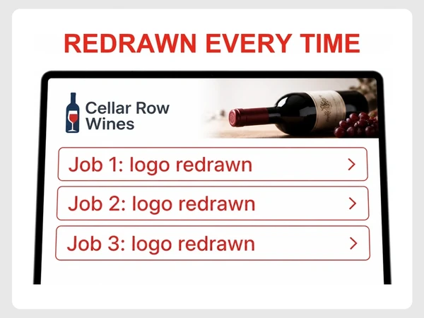 Cellar Row Wines receives three printer emails stating the logo was redrawn for every job.