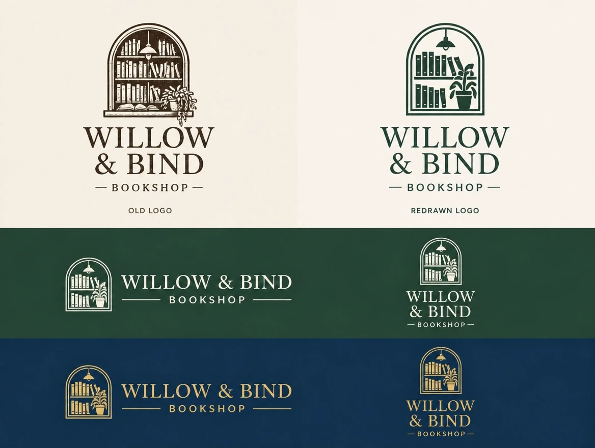 A bookshop logo presentation board showing the old logo, the redrawn logo and its variants