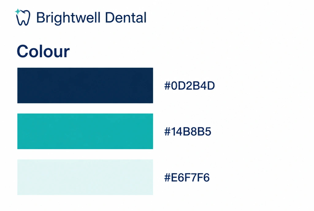 A colour sheet for a dental wordmark showing three large colour blocks with their codes
