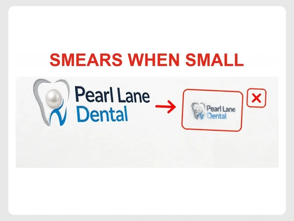 Pearl Lane Dental logo appears crisp when large but becomes a smeared blot at stamp size.