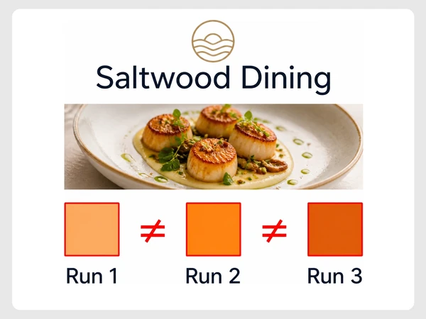Saltwood Dining print proof shows Run 1, Run 2, and Run 3 in different orange shades.