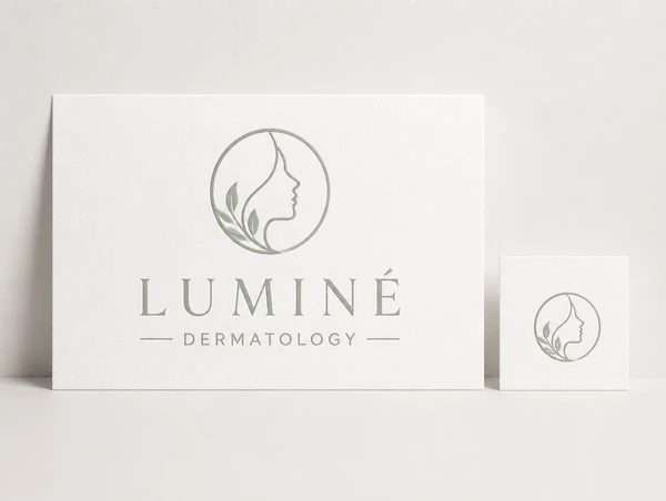 A finished dermatology clinic logo printed large beside its icon shown small on a plain card