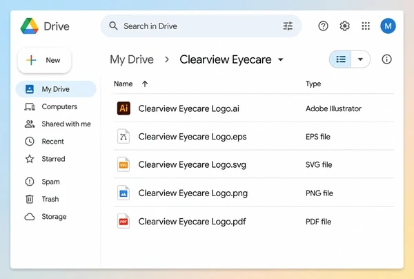 A Google Drive folder listing the finished optometry practice logo files in five formats