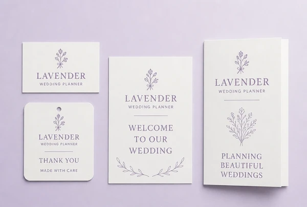 A name card, label, sign panel and leaflet all carrying the same wedding planner logo