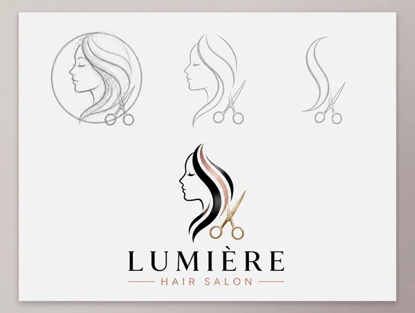 Three pencil sketches above the finished approved hair salon logo on a presentation board
