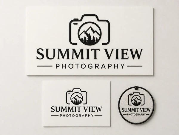 A photography studio logo shown on a large sign, a printed notice and a small embroidered patch