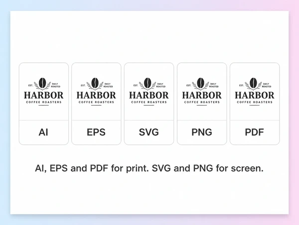 A printed handover sheet showing the coffee roastery logo in five named file formats