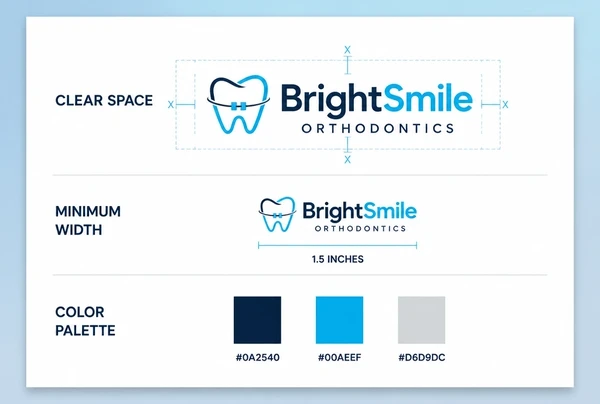 A printed logo usage sheet for an orthodontic practice showing clear space, minimum size and colour codes