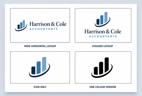 A printed sheet showing four accountancy practice logo versions: wide, stacked, icon only and one colour