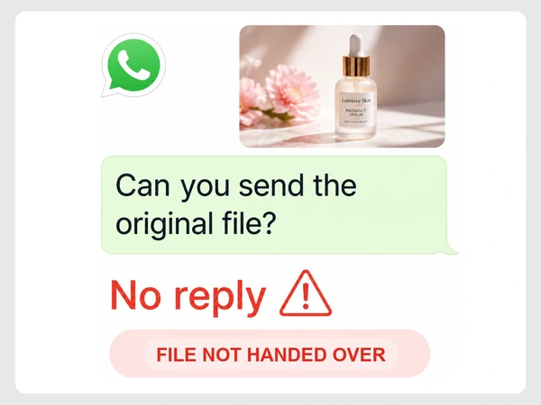 Lumiere Skin WhatsApp message requests the original file but receives no reply, labeled File not handed over.