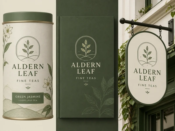 A tea company logo presentation board showing the logo on a label, a proposal cover and a shop sign