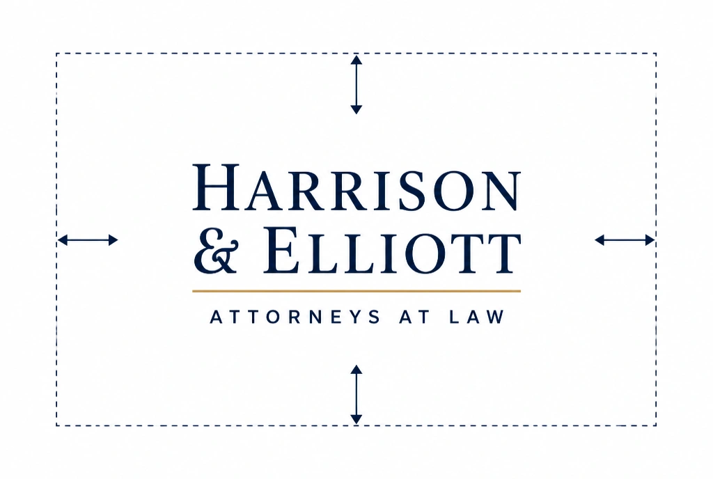 A clear space diagram showing one law firm wordmark inside a dashed margin rectangle