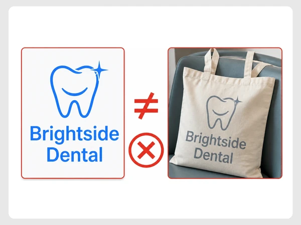 Brightside Dental logo appears bright blue on a business card and dull gray-blue on a tote bag.