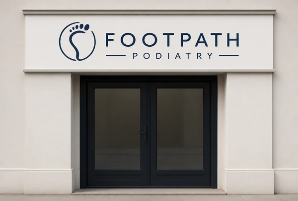 A finished podiatry practice logo fitted to a shopfront sign, shown straight on