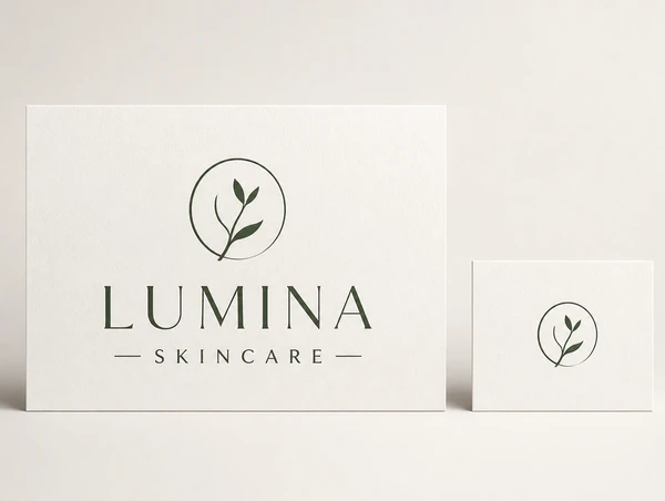 A finished skincare brand logo printed large beside its icon shown small on a plain card