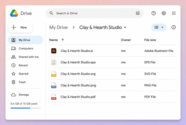 A Google Drive folder listing the finished ceramics studio logo files in five formats