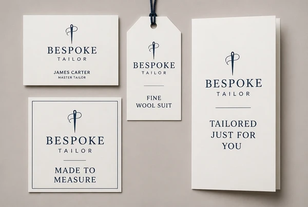 A name card, label, sign panel and leaflet all carrying the same bespoke tailor logo