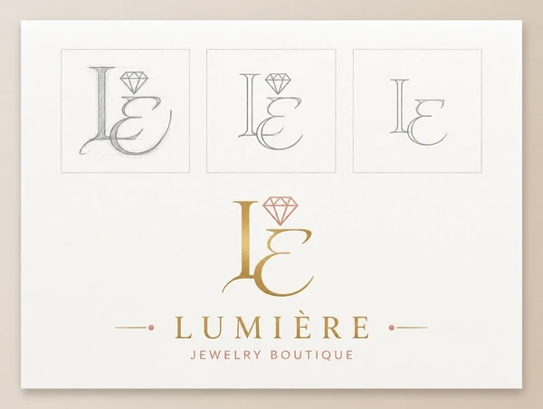 Three pencil sketches above the finished approved jewellery boutique logo on a presentation board