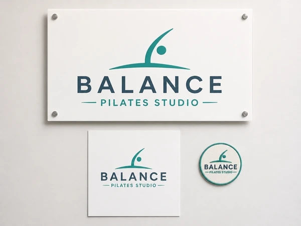A pilates studio logo shown on a large sign, a printed notice and a small embroidered patch