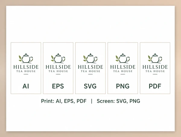 A printed handover sheet showing the tea house logo in five named file formats