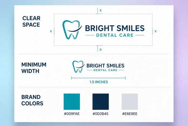 A printed logo usage sheet for a dental practice showing clear space, minimum size and colour codes