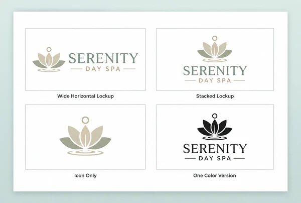 A printed sheet showing four day spa logo versions: wide, stacked, icon only and one colour