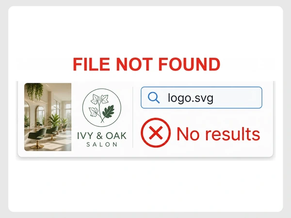 Ivy & Oak Salon file search for logo.svg returns No results beside a red circle X.