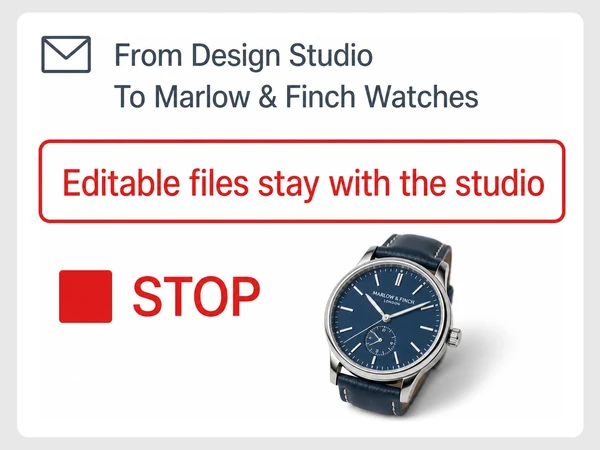 Marlow & Finch Watches email says editable files stay with the design studio beside a red stop square.