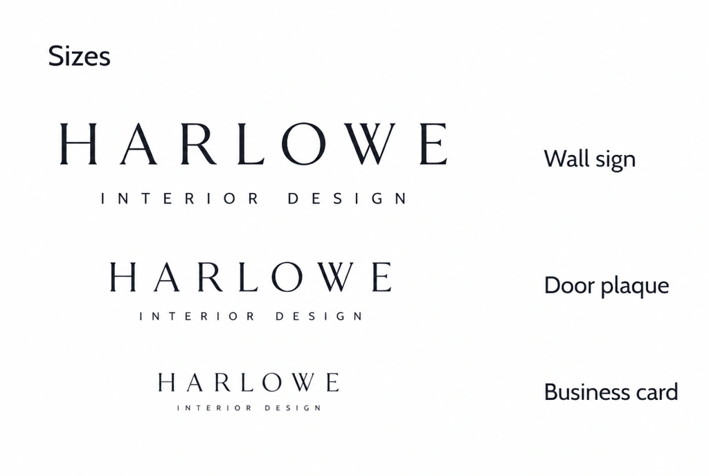 A sizing sheet showing one interior design logo at wall sign, plaque and card widths