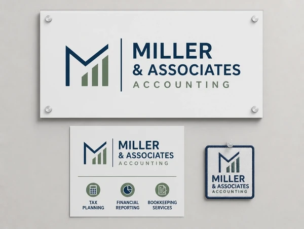 An accountancy practice logo shown on a large sign, a printed notice and a small embroidered patch