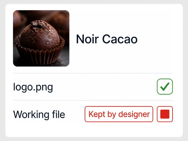Noir Cacao receives a logo PNG while the Working file row says Kept by designer beside a red stop square.