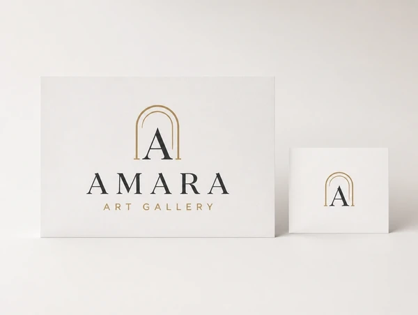 A finished art gallery logo printed large beside its icon shown small on a plain card
