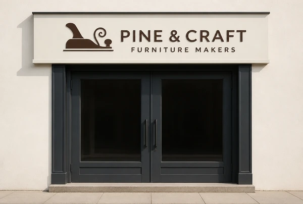 A finished furniture maker logo fitted to a shopfront sign, shown straight on