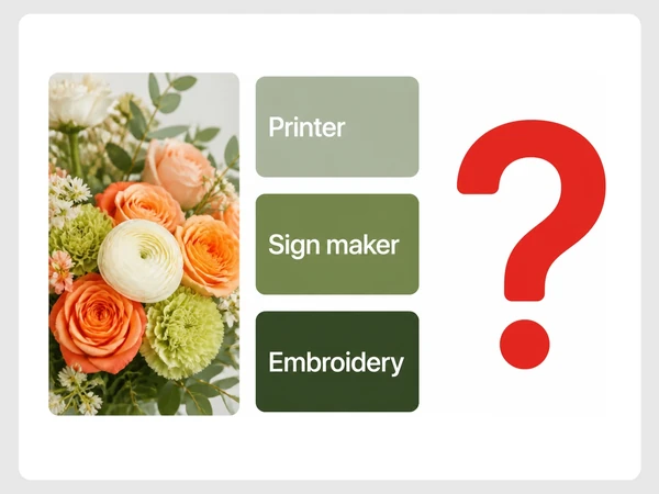 Fern & Bloom shows Printer, Sign maker, and Embroidery swatches in three visibly different greens.