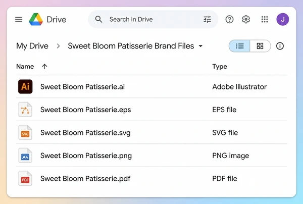 A Google Drive folder listing the finished patisserie logo files in five formats