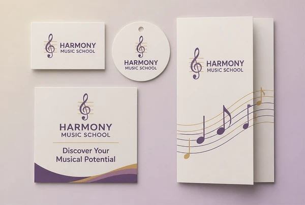 A name card, label, sign panel and leaflet all carrying the same music school logo