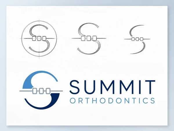 Three pencil sketches above the finished approved orthodontic practice logo on a presentation board