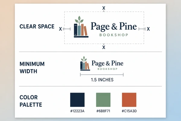 A printed logo usage sheet for a bookshop showing clear space, minimum size and colour codes