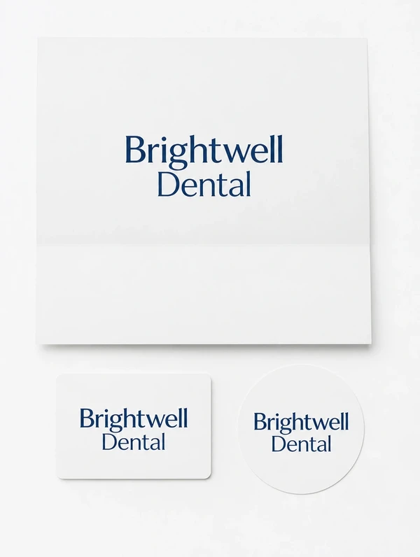 Three printed pieces, an appointment card, a letterhead and a sticker, all carrying one dental logo