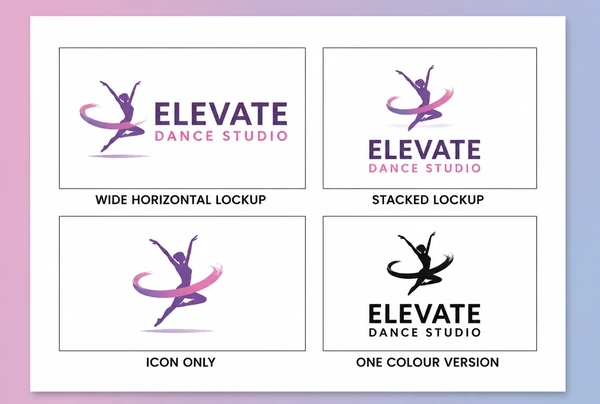 A printed sheet showing four dance studio logo versions: wide, stacked, icon only and one colour