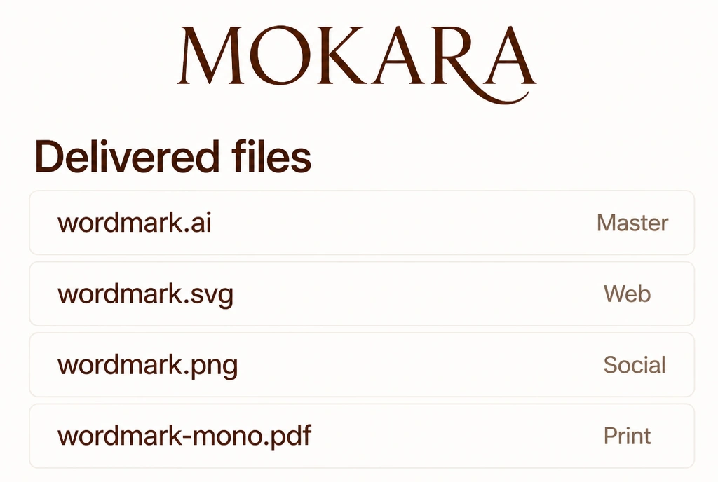 A list of four delivered logo files beside their uses, under a chocolate wordmark