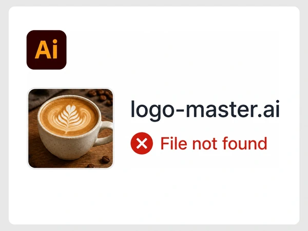 Ember & Oak Roasters shows logo-master AI as File not found in Adobe Illustrator Open recent.