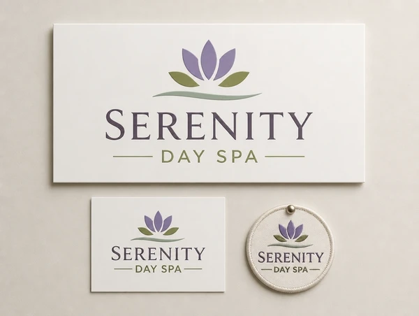 A day spa logo shown on a large sign, a printed notice and a small embroidered patch