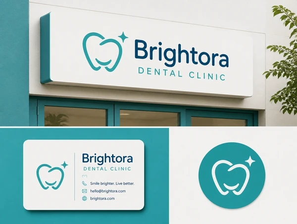 A dental clinic logo presentation board showing the logo on a sign, a card and a round profile picture