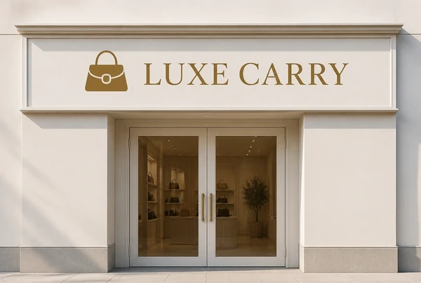 A finished handbag brand logo fitted to a shopfront sign, shown straight on