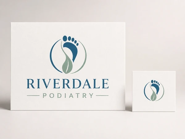 A finished podiatry practice logo printed large beside its icon shown small on a plain card