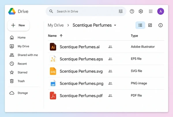 A Google Drive folder listing the finished perfumery logo files in five formats